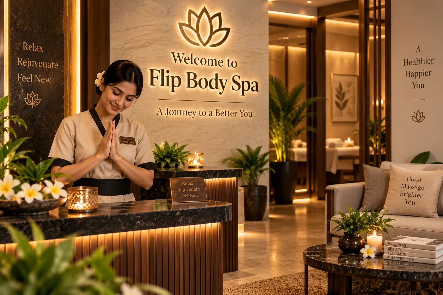 Luxury spa reception and welcome ambience at Flip Body Spa Gurgaon
