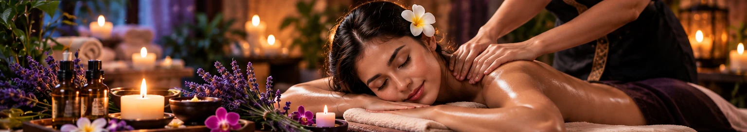 Aromatherapy massage setting with aromatic oils, flowers and candlelight