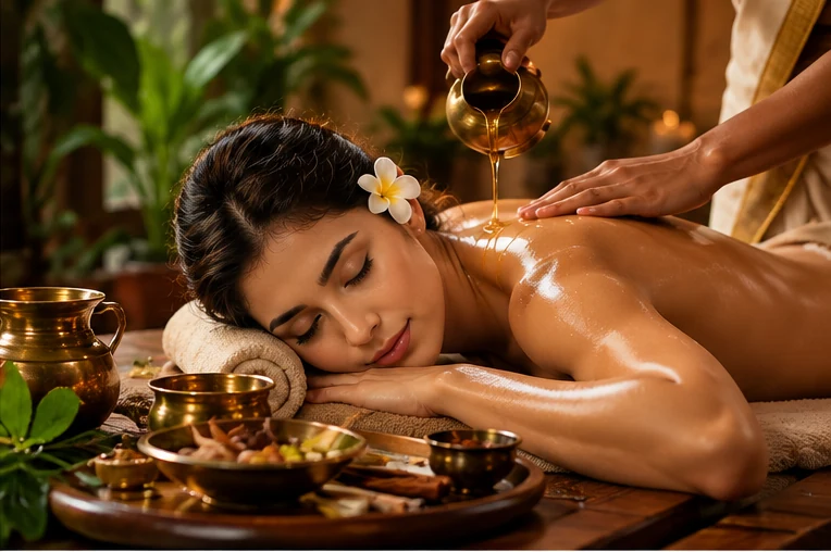 Ayurvedic oil massage session in a calm professional spa setting