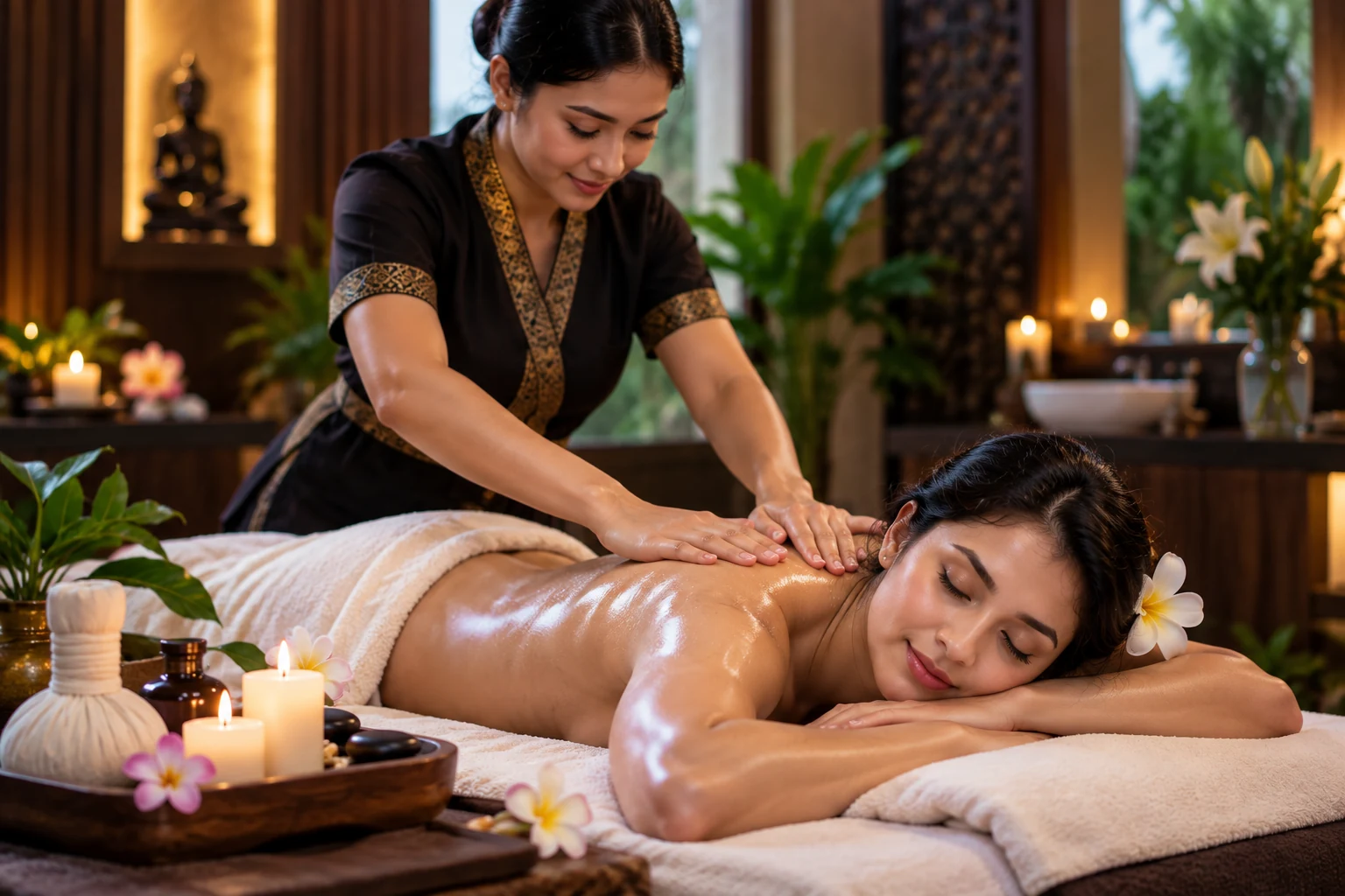 Professional female therapist providing a massage to a female guest in a calm spa setting