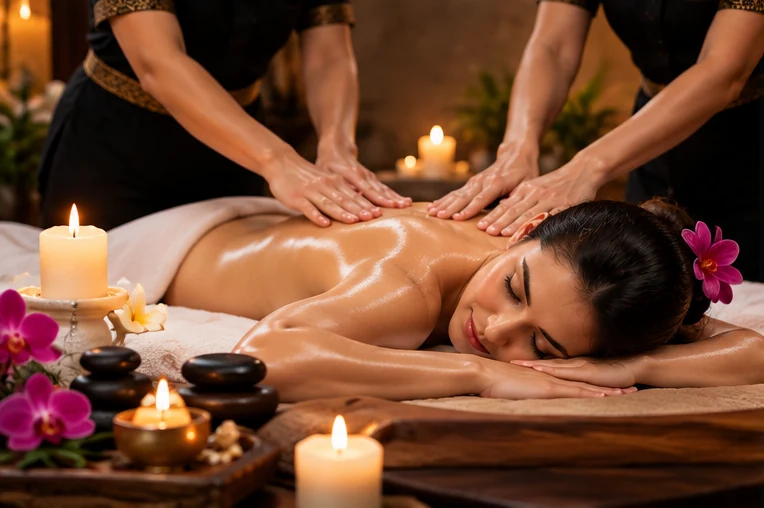 Four hand massage session with two therapists in a professional spa setting