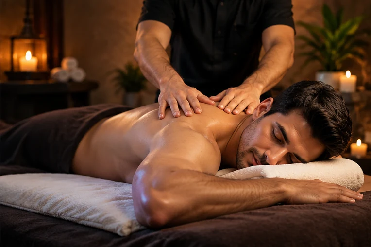 Professional male therapist providing a massage to a male guest in a spa setting
